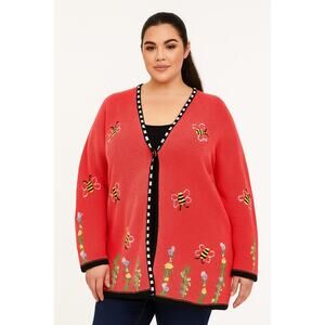 Vintage The Quacker Factory Honey Bees Floral Coral Knit Cardigan Size 2X